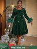 AOMEIDRESS Green Velvet Sequins a line Dress Long Sleeve Tulle Ruffle DarkGreen / S