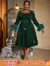 AOMEIDRESS Green Velvet Sequins a line Dress Long Sleeve Tulle Ruffle DarkGreen / S