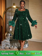 AOMEIDRESS Green Velvet Sequins a line Dress Long Sleeve Tulle Ruffle DarkGreen / S