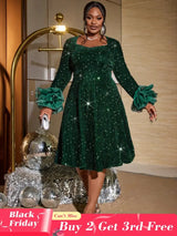 AOMEIDRESS Green Velvet Sequins a line Dress Long Sleeve Tulle Ruffle DarkGreen / S