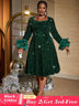 AOMEIDRESS Green Velvet Sequins a line Dress Long Sleeve Tulle Ruffle DarkGreen / S