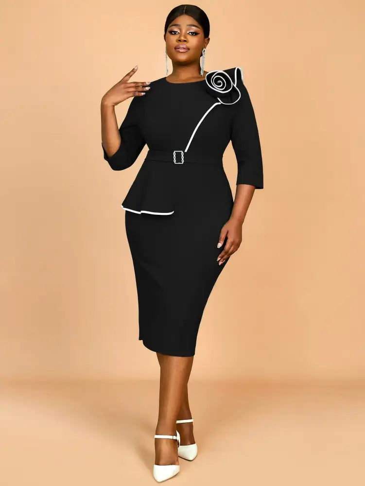 AOMEIDRESS Green Wedding Guest Dress Bodycon Long Sleeve 3D Floral Black / S