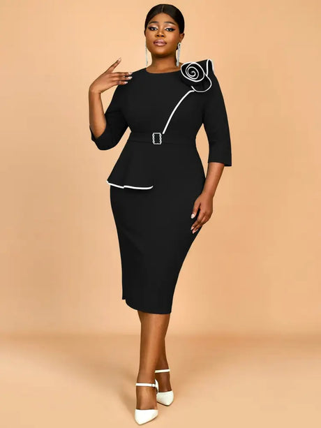 AOMEIDRESS Green Wedding Guest Dress Bodycon Long Sleeve 3D Floral Black / S