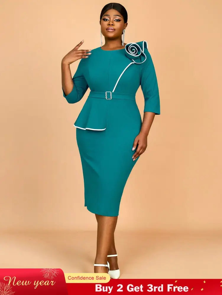 AOMEIDRESS Green Wedding Guest Dress Bodycon Long Sleeve 3D Floral
