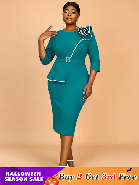 AOMEIDRESS Green Wedding Guest Dress Bodycon Long Sleeve 3D Floral
