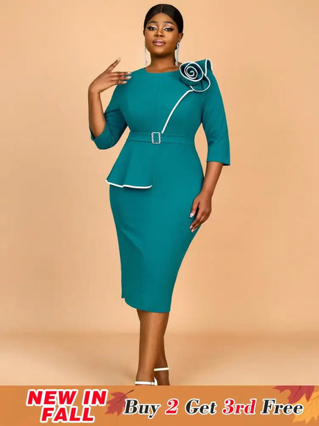 AOMEIDRESS Green Wedding Guest Dress Bodycon Long Sleeve 3D Floral
