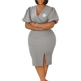 AOMEIDRESS Guest Wedding Party Dress V Neck Short Lantern Sleeve Belt