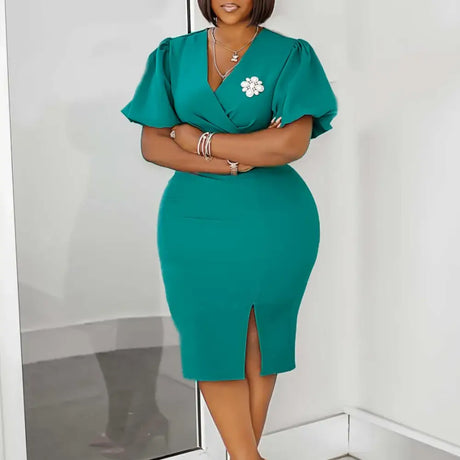 AOMEIDRESS Guest Wedding Party Dress V Neck Short Lantern Sleeve Belt Green / S