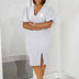 AOMEIDRESS Guest Wedding Party Dress V Neck Short Lantern Sleeve Belt WHITE / S