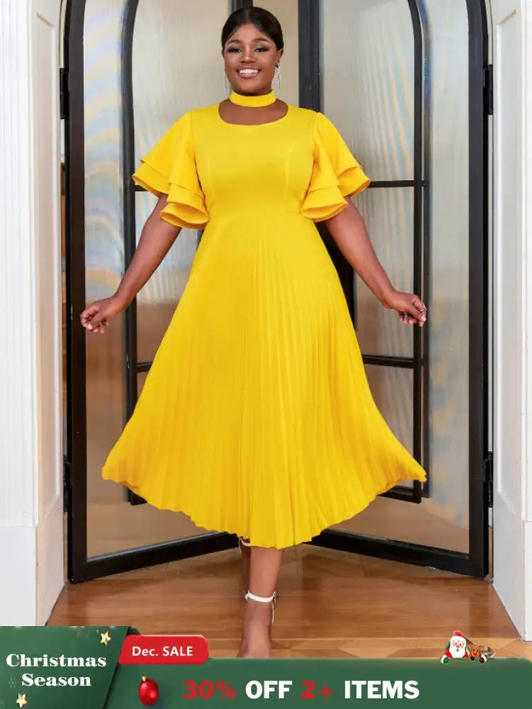 yellow ruffles sleeve pleated wedding guest dress