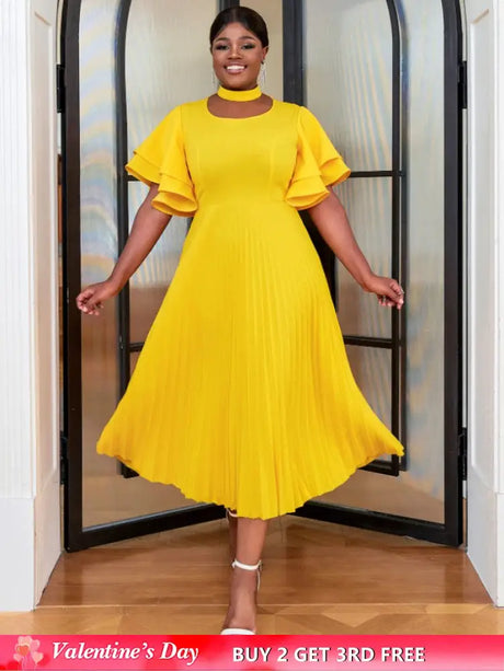 yellow ruffles sleeve pleated wedding guest dress