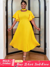 yellow ruffles sleeve pleated wedding guest dress