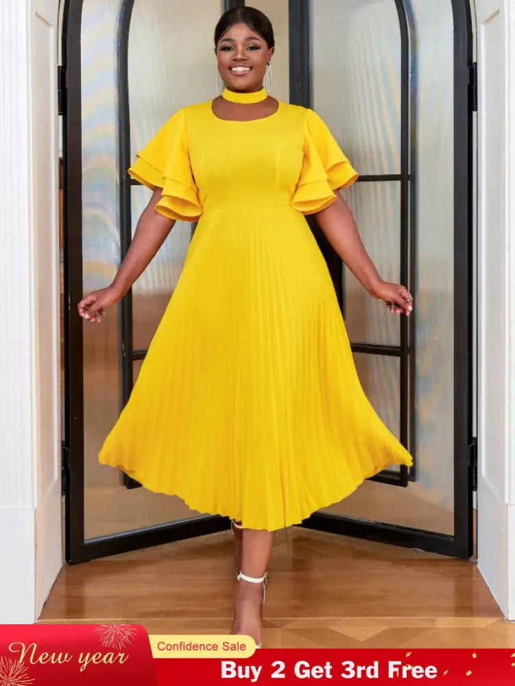 yellow ruffles sleeve pleated wedding guest dress