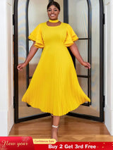 yellow ruffles sleeve pleated wedding guest dress