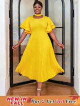 yellow ruffles sleeve pleated wedding guest dress
