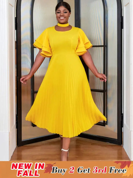 yellow ruffles sleeve pleated wedding guest dress