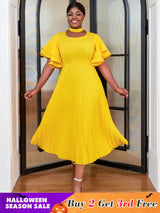 yellow ruffles sleeve pleated wedding guest dress