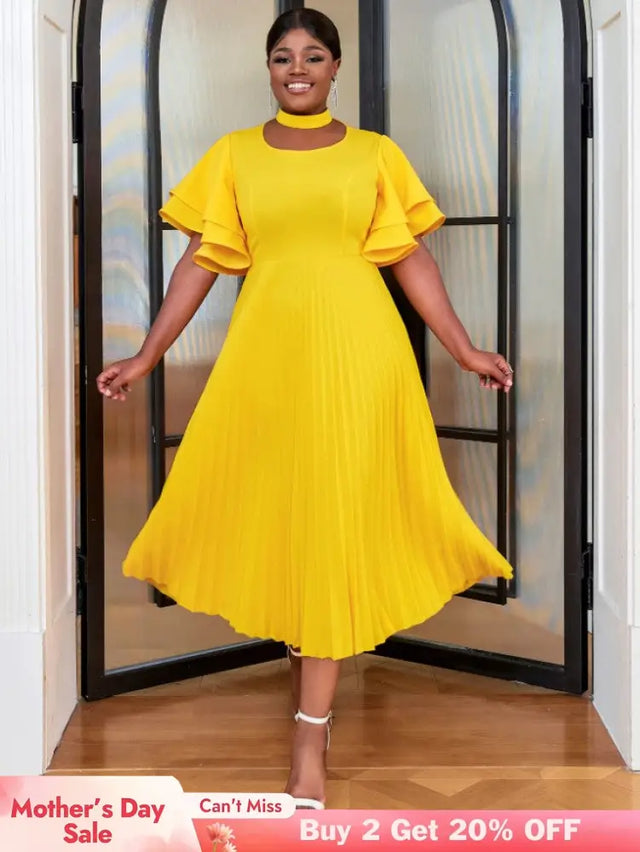 yellow ruffles sleeve pleated wedding guest dress