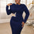 AOMEIDRESS Party Dress O Neck Long Sleeves Appliques High Waist Midi Navy / S