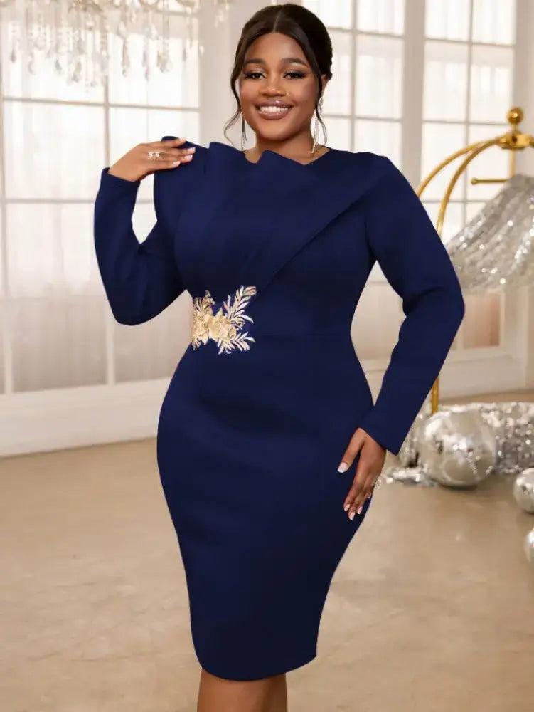 AOMEIDRESS Party Dress O Neck Long Sleeves Appliques High Waist Midi Navy / S