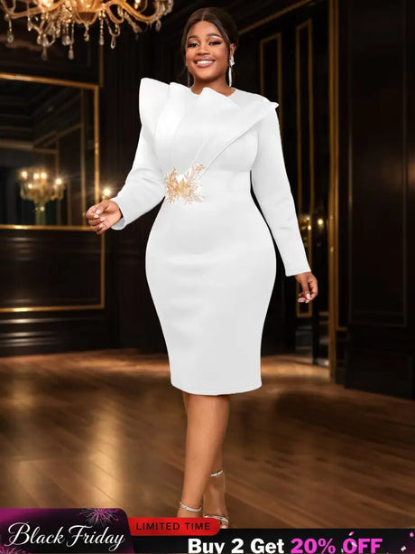 AOMEIDRESS Party Dress O Neck Long Sleeves Appliques High Waist Midi
