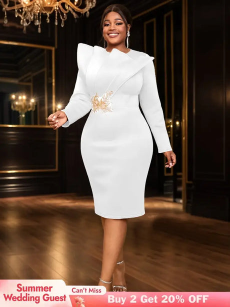 AOMEIDRESS Party Dress O Neck Long Sleeves Appliques High Waist Midi
