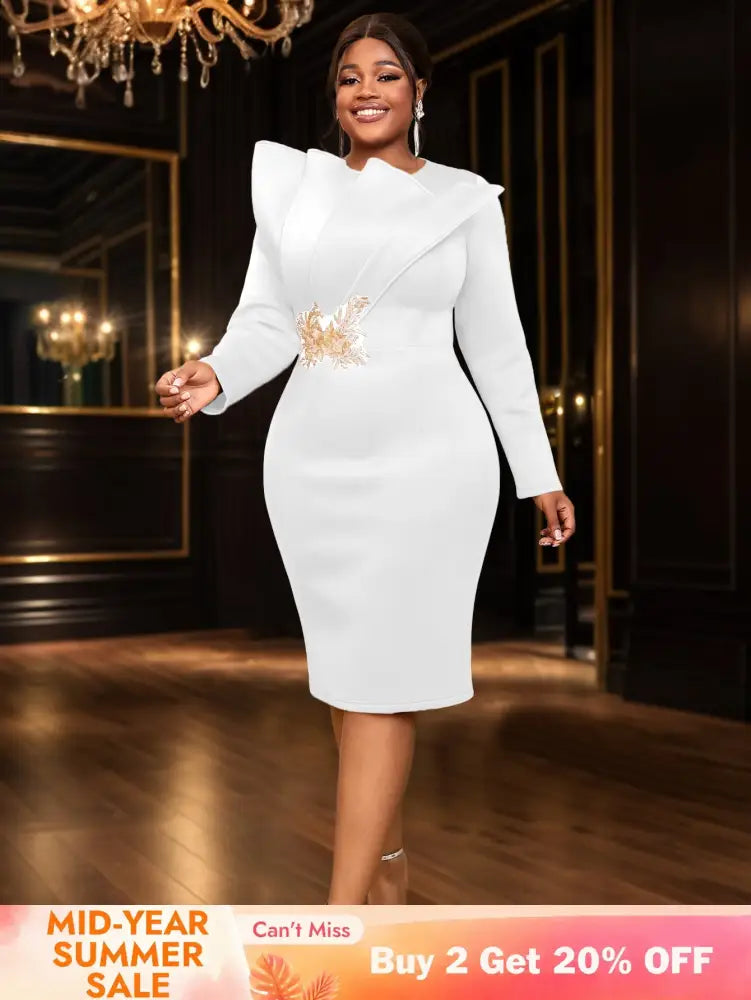 AOMEIDRESS Party Dress O Neck Long Sleeves Appliques High Waist Midi
