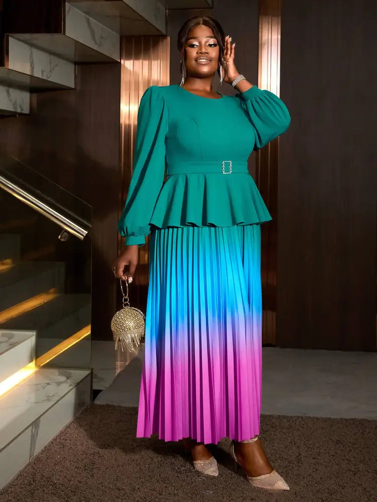 AOMEIDRESS High Waist Dress Green Round Neck Long Lantern Sleeve