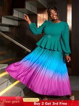 AOMEIDRESS High Waist Dress Green Round Neck Long Lantern Sleeve Green / S