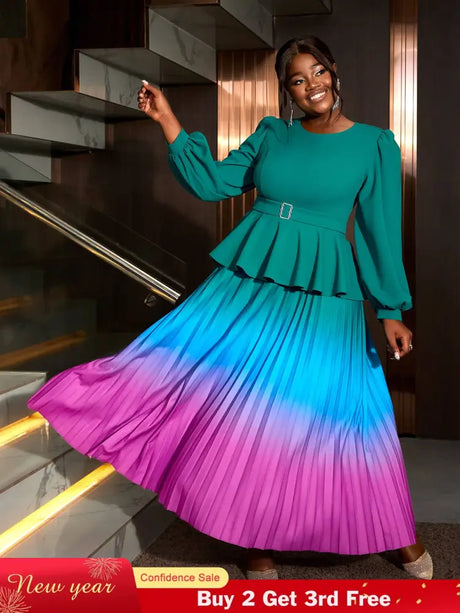 AOMEIDRESS High Waist Dress Green Round Neck Long Lantern Sleeve Green / S