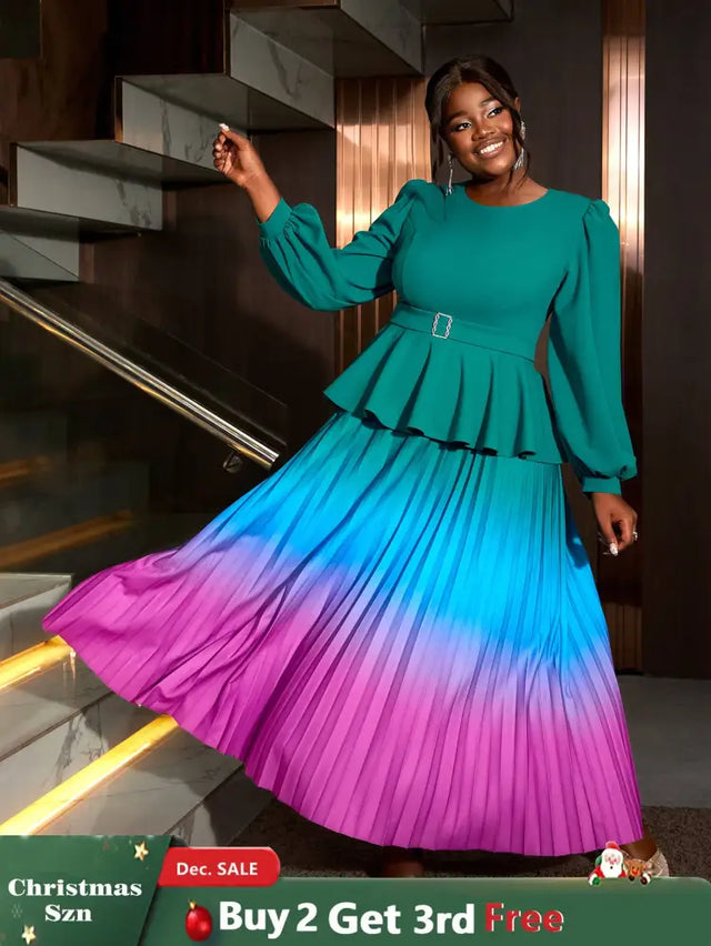 AOMEIDRESS High Waist Dress Green Round Neck Long Lantern Sleeve Green / S