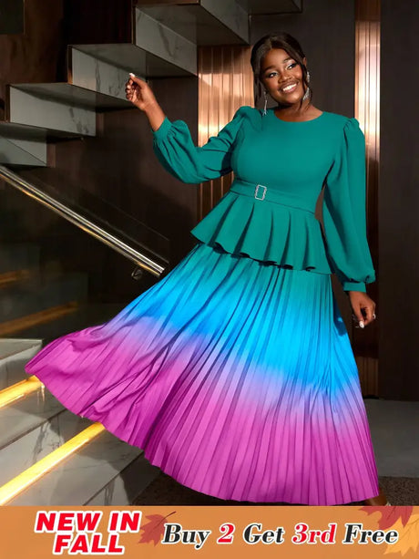 AOMEIDRESS High Waist Dress Green Round Neck Long Lantern Sleeve Green / S