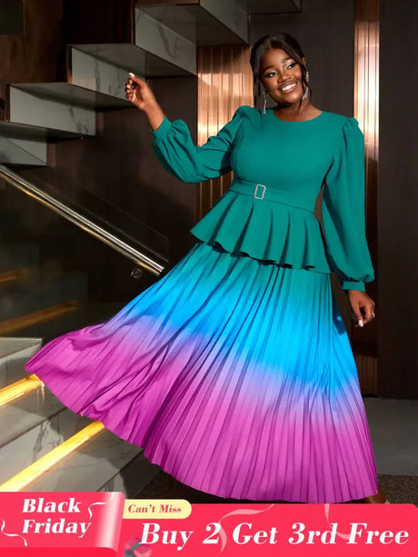 AOMEIDRESS High Waist Dress Green Round Neck Long Lantern Sleeve Green / S