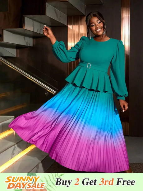 AOMEIDRESS High Waist Dress Green Round Neck Long Lantern Sleeve Green / S