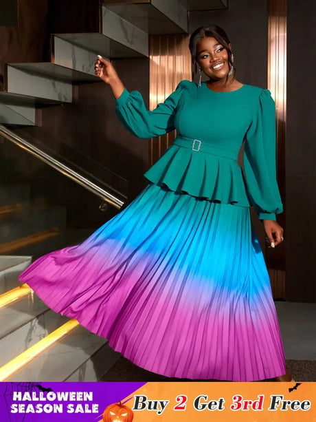 AOMEIDRESS High Waist Dress Green Round Neck Long Lantern Sleeve Green / S