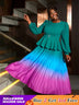 AOMEIDRESS High Waist Dress Green Round Neck Long Lantern Sleeve Green / S