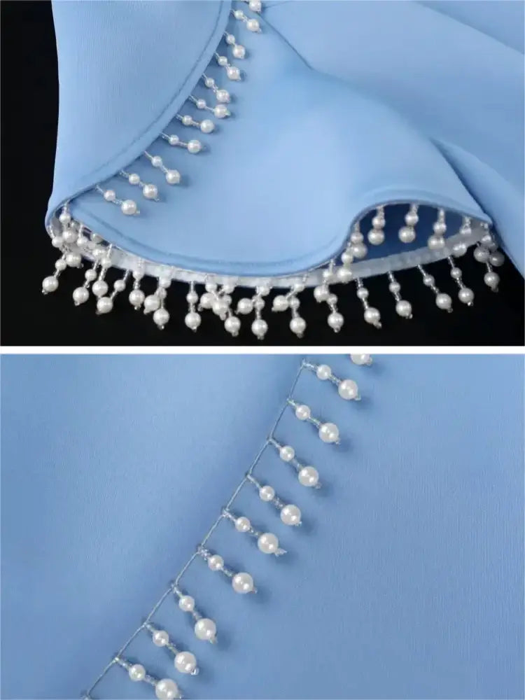 AOMEIDRESS Holiday Party Dress with Tassel Beads Blue Evening Gown Midi Wedding Guest Dresses