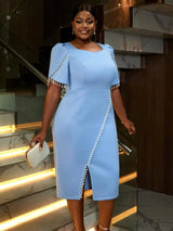 AOMEIDRESS Holiday Party Dress with Tassel Beads Blue Evening Gown Midi Wedding Guest Dresses