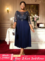AOMEIDRESS Holiday Party Outfits For Women Sequins Mesh Elegant Dress Navy / 0XL