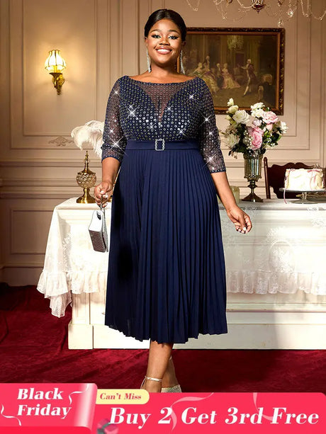AOMEIDRESS Holiday Party Outfits For Women Sequins Mesh Elegant Dress Navy / 0XL