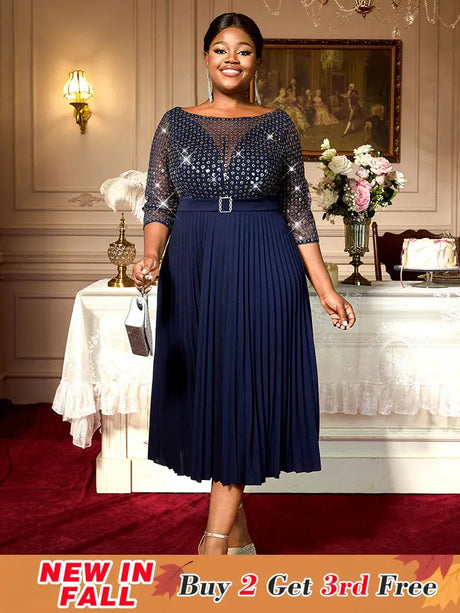 AOMEIDRESS Holiday Party Outfits For Women Sequins Mesh Elegant Dress Navy / 0XL