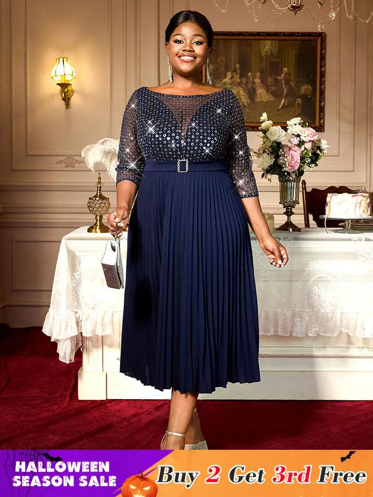 AOMEIDRESS Holiday Party Outfits For Women Sequins Mesh Elegant Dress Navy / 0XL