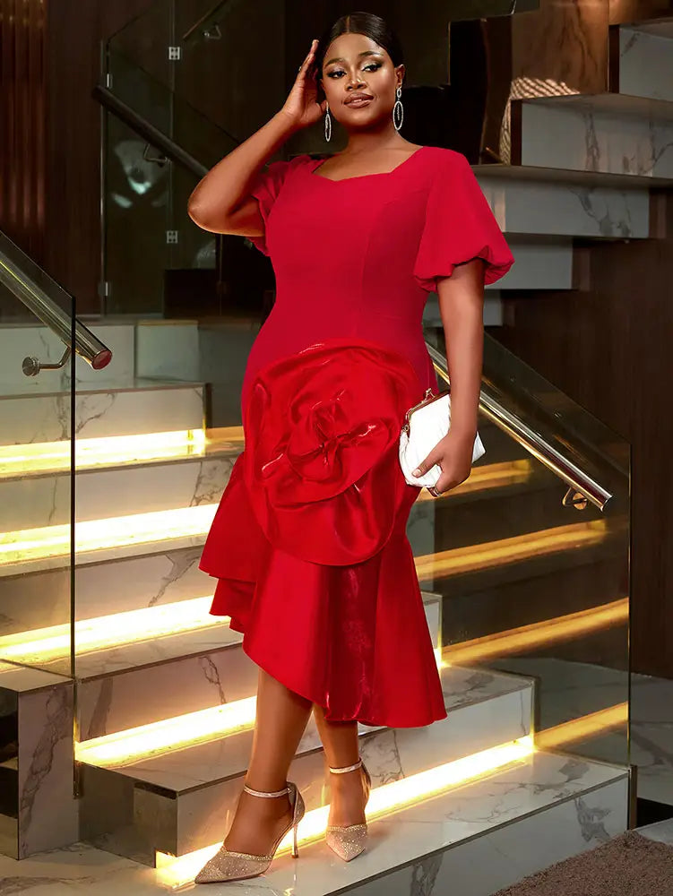 AOMEIDRESS Holiday Party Outfits Red Woman 3D Flower Elegant Dresses