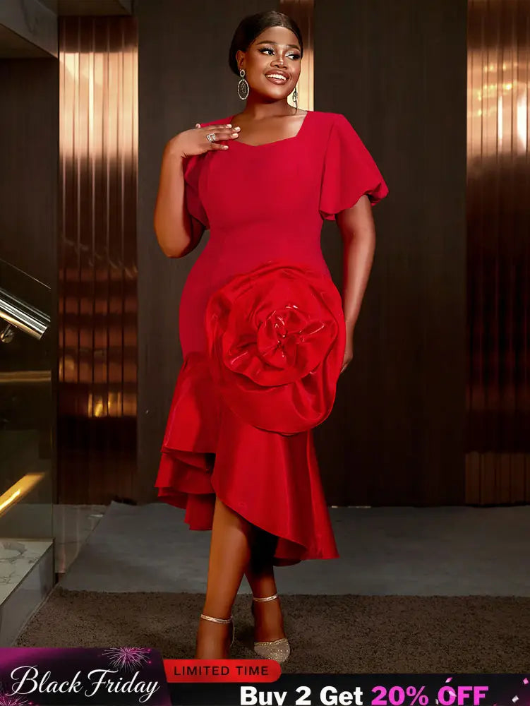 AOMEIDRESS Holiday Party Outfits Red Woman 3D Flower Elegant Dresses Red / S