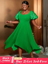 AOMEIDRESS Irregular Pleated A Line Dress Sweetheart Neck Puff Sleeve Green / S