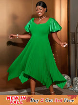 AOMEIDRESS Irregular Pleated A Line Dress Sweetheart Neck Puff Sleeve Green / S