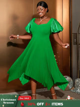 AOMEIDRESS Irregular Pleated A Line Dress Sweetheart Neck Puff Sleeve Green / S