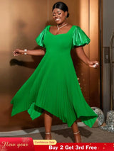 AOMEIDRESS Irregular Pleated A Line Dress Sweetheart Neck Puff Sleeve Green / S