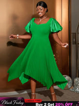 AOMEIDRESS Irregular Pleated A Line Dress Sweetheart Neck Puff Sleeve Green / S