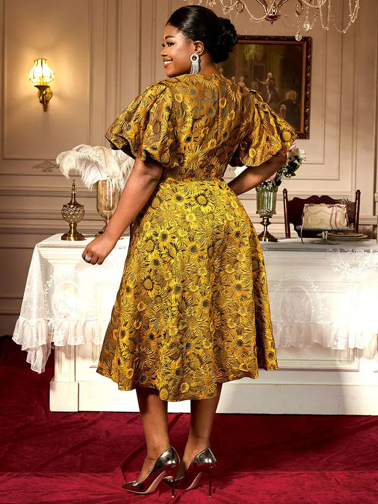 AOMEIDRESS Jacquard A Line Dresses Short Lantern Sleeves Elegant Retro Party Event